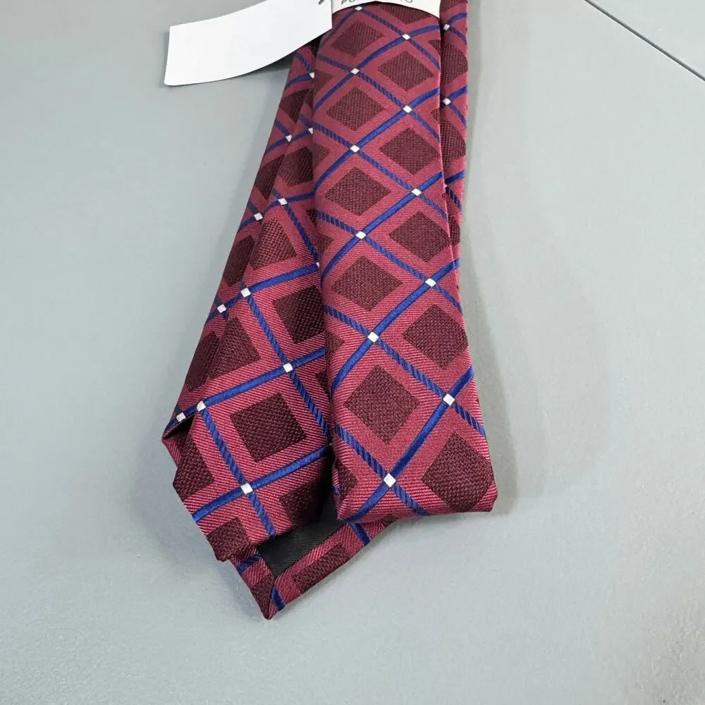 Perry‎ Ellis Portfolio Mens Necktie Hendry Grid Maroon Office Professional New